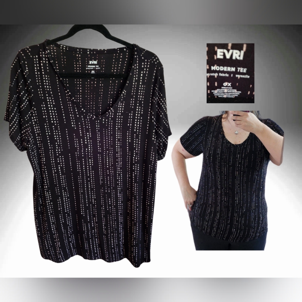 Evri modern tee, black with cream line pattern, sz 0X EUC